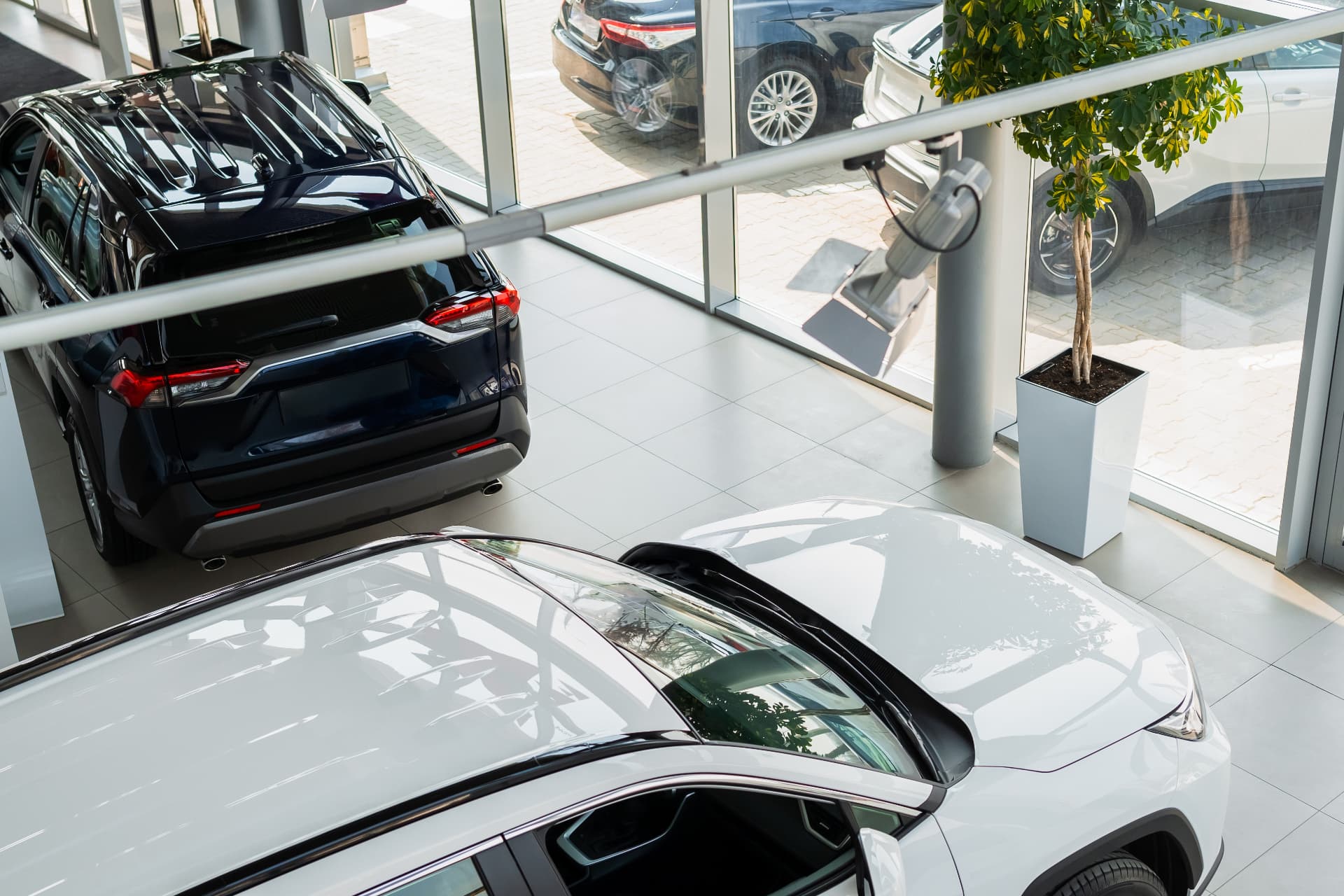 A dealership showroom from above