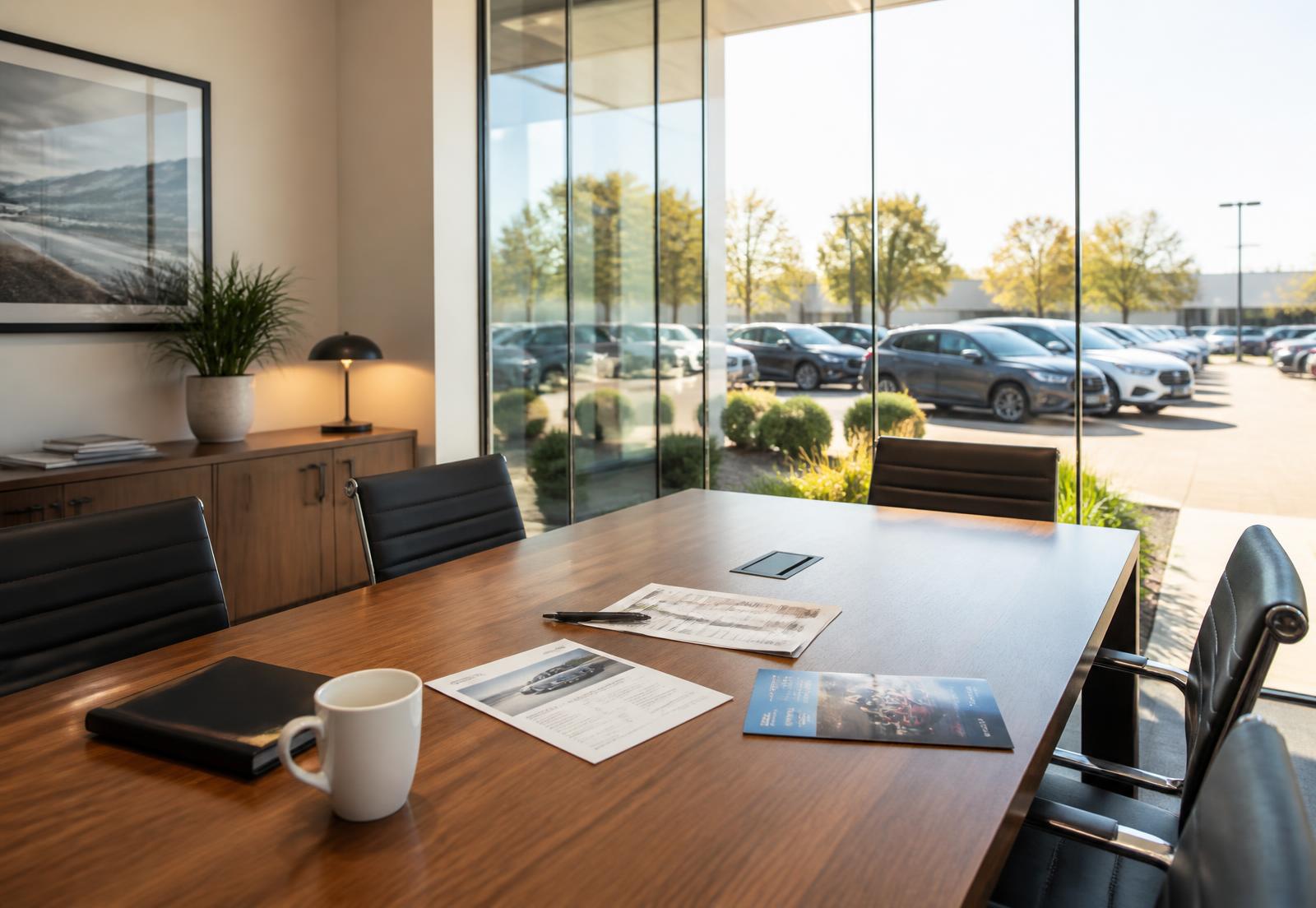 A dealership meeting room overlooking the lot