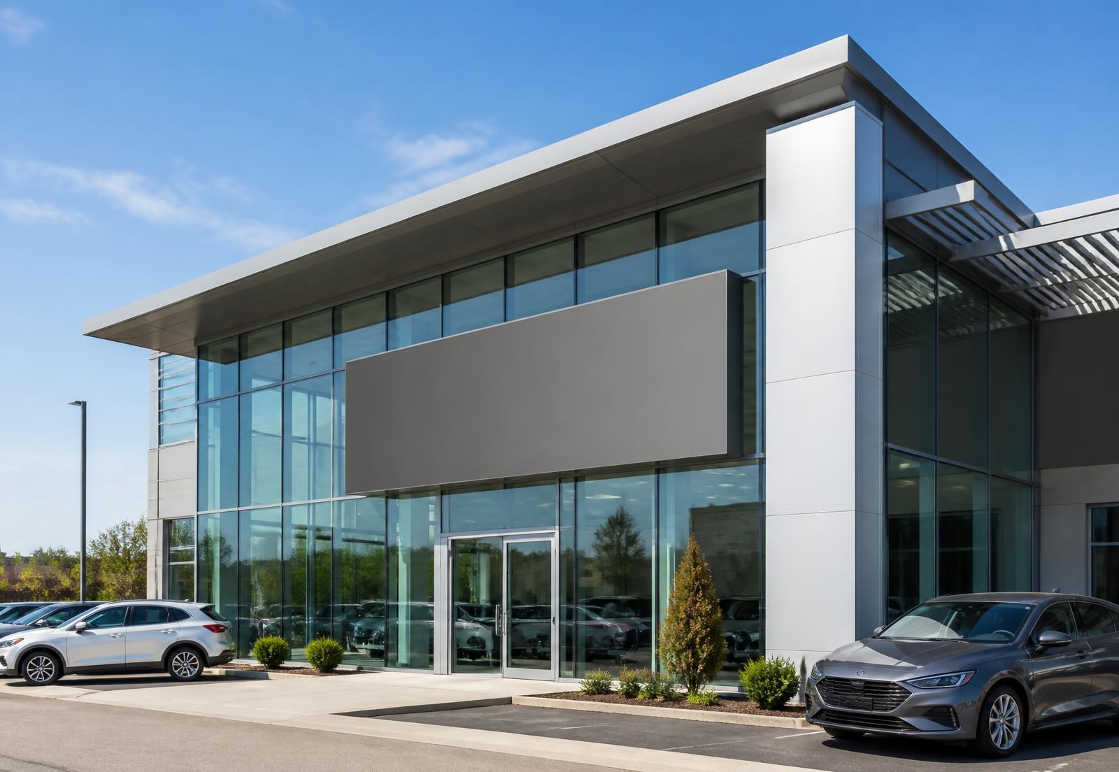 A dealership storefront in daylight